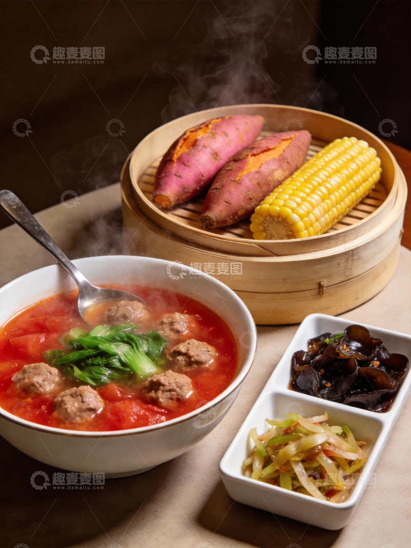 高清大图下载【趣麦麦图】番茄牛肉丸子汤早餐场景1