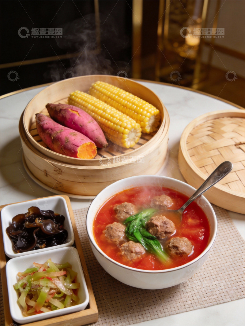 高清大图下载【趣麦麦图】番茄牛肉丸子汤早餐场景4