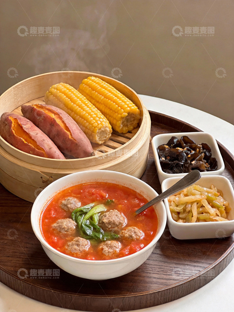 高清大图下载【趣麦麦图】番茄牛肉丸子汤早餐场景2