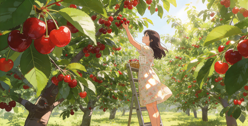 高清大图下载【趣麦麦图】田园风樱桃采摘插画设计素材