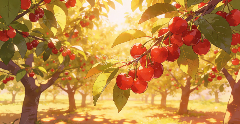 高清大图下载【趣麦麦图】阳光果园樱桃美景插画