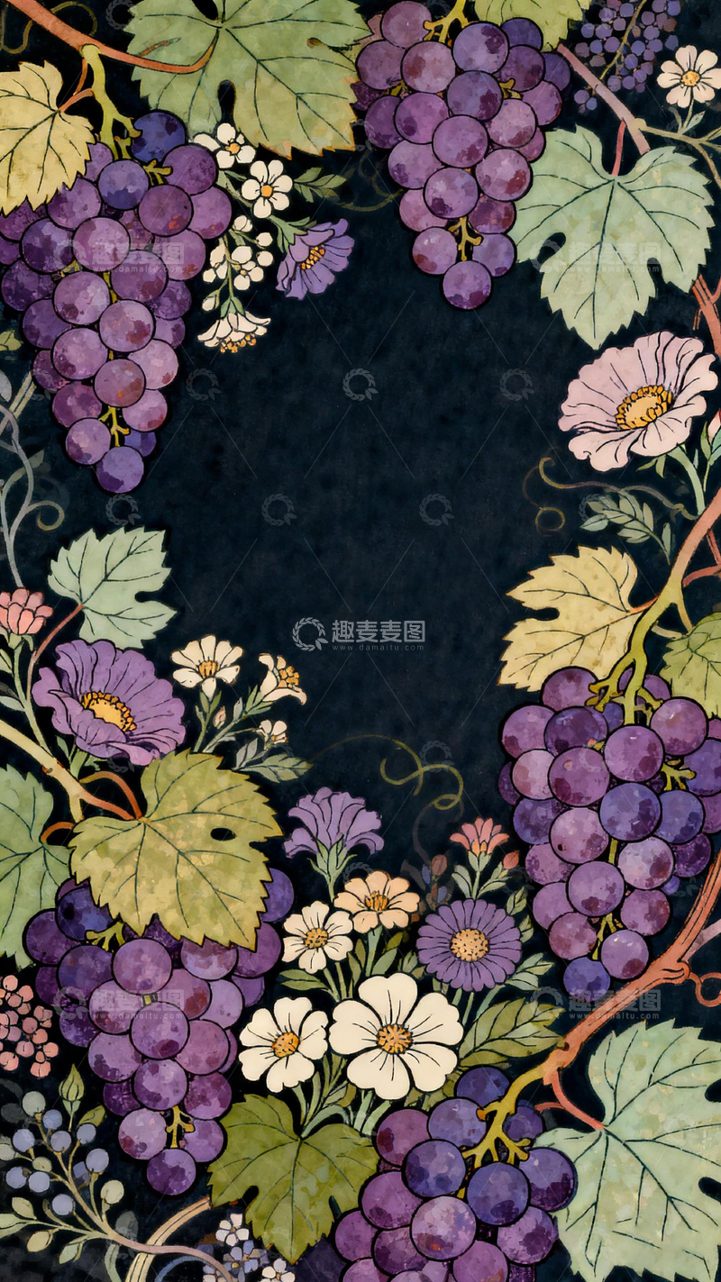 高清大图下载【趣麦麦图】水彩葡萄花卉装饰图案