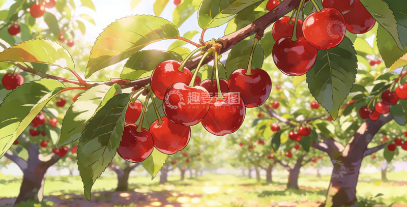 高清大图下载【趣麦麦图】樱桃园阳光明媚插画