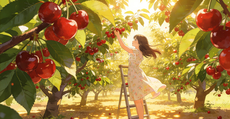 高清大图下载【趣麦麦图】果园樱桃采摘插画