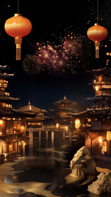 古风夜烟花节日场景