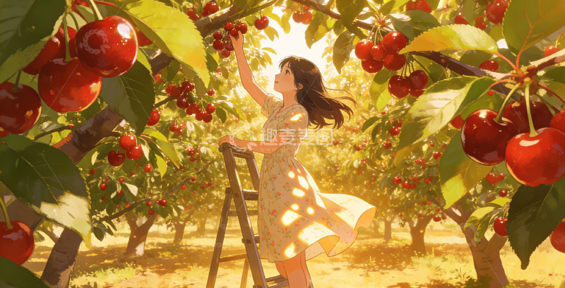 高清大图下载【趣麦麦图】田园风樱桃采摘插画