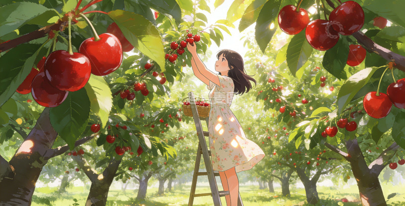 高清大图下载【趣麦麦图】樱桃园少女采摘插画