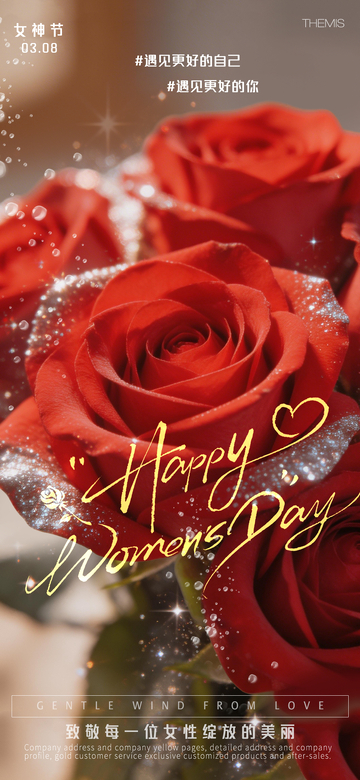 玫瑰红女神节祝福海报