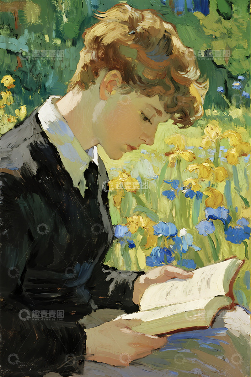 高清大图下载【趣麦麦图】梵高风格一个学生在花园读书4