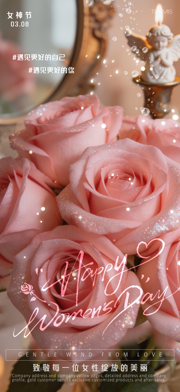 粉色玫瑰女神节贺卡设计
