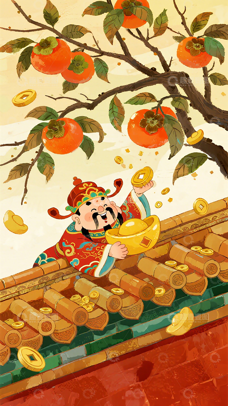 高清大图下载【趣麦麦图】财神爷柿树屋顶撒金币