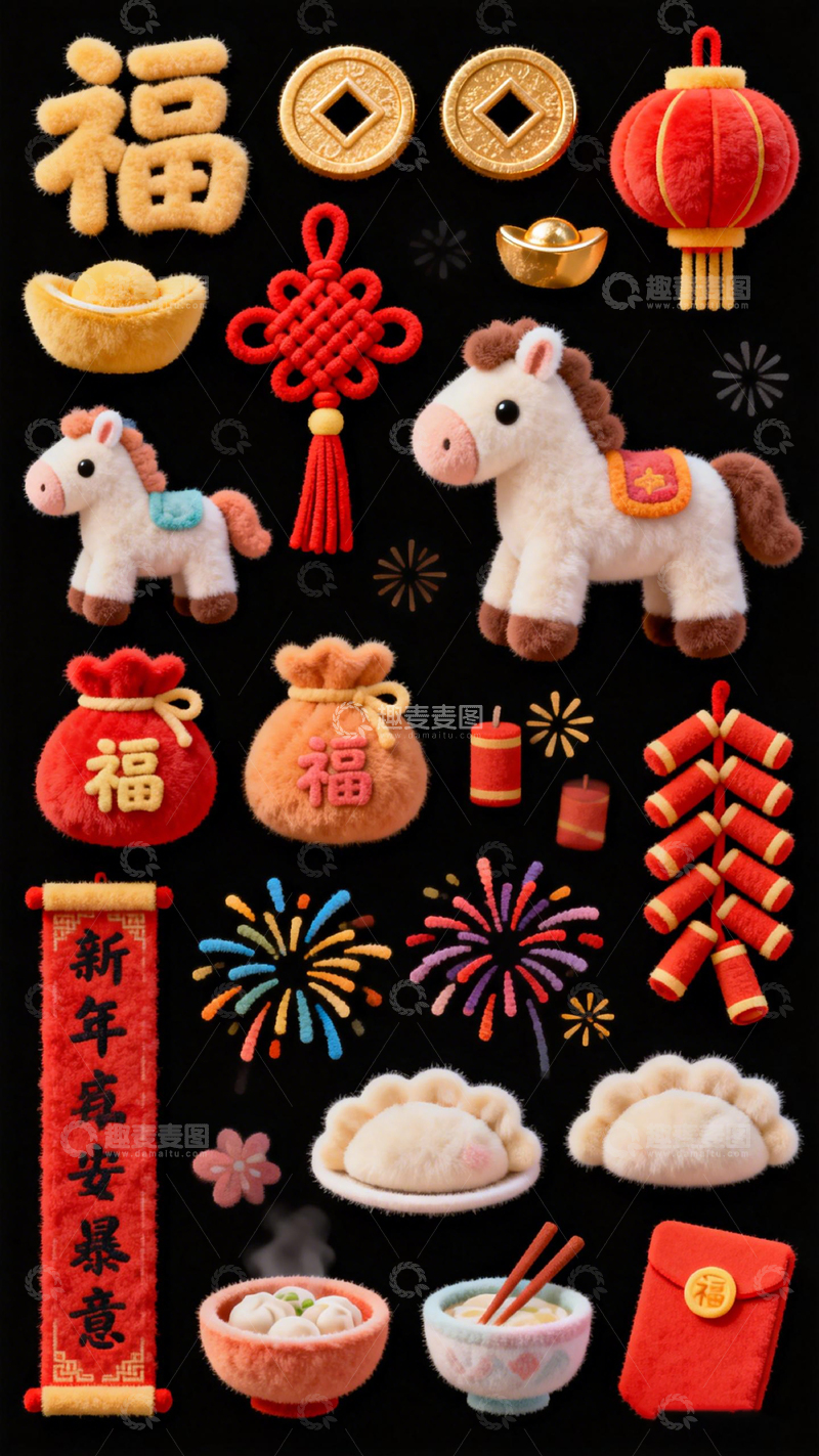 高清大图下载【趣麦麦图】新年喜庆元素插画设计素材