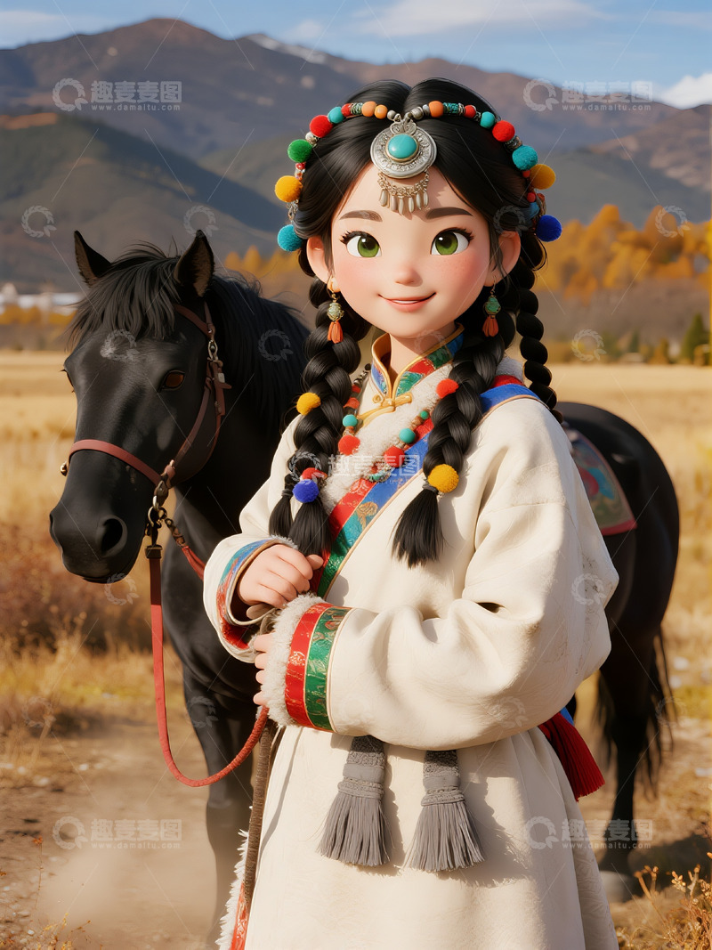 高清大图下载【趣麦麦图】一个牵着马的藏族少女1