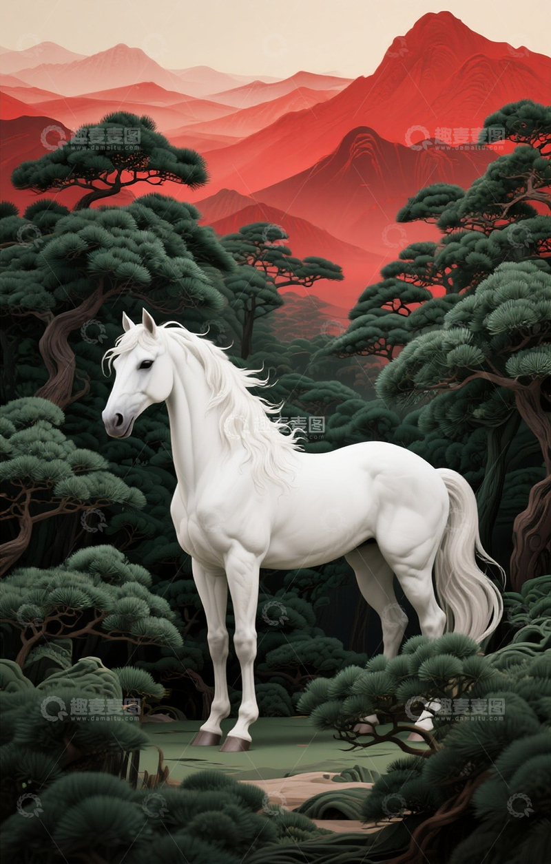 源文件下载【趣麦麦图】新中式插画树林中的白马4