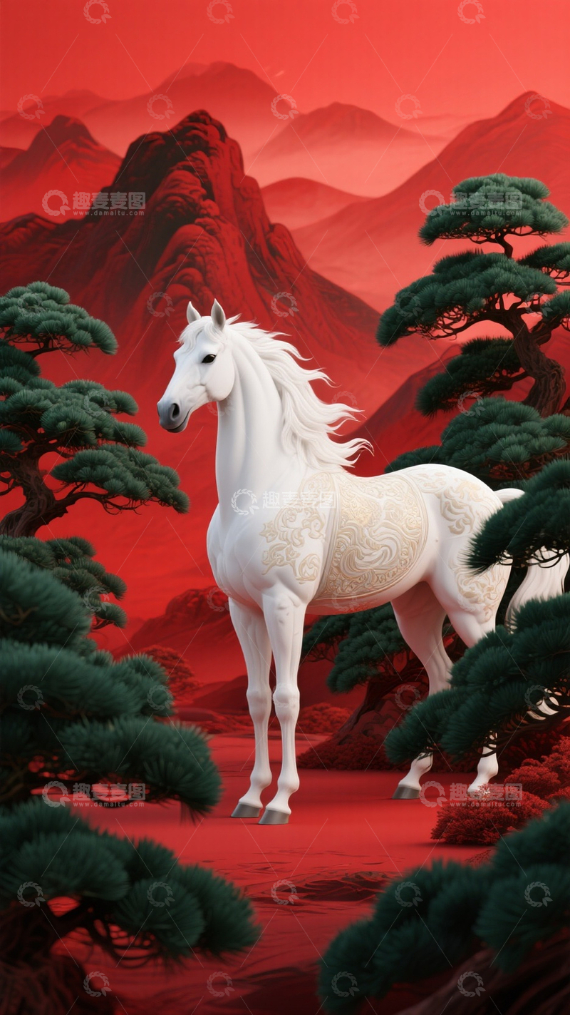 源文件下载【趣麦麦图】新中式插画树林中的白马2