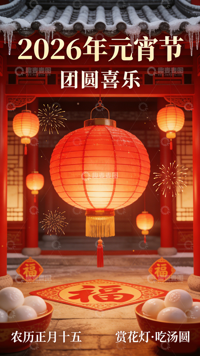 高清大图下载【趣麦麦图】喜庆元宵节汤圆灯笼图