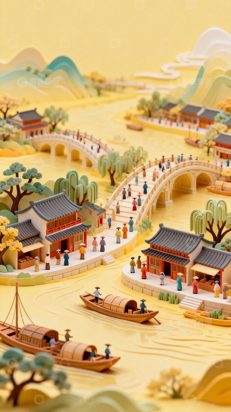 高清大图下载【趣麦麦图】纸艺古风山水小镇模型