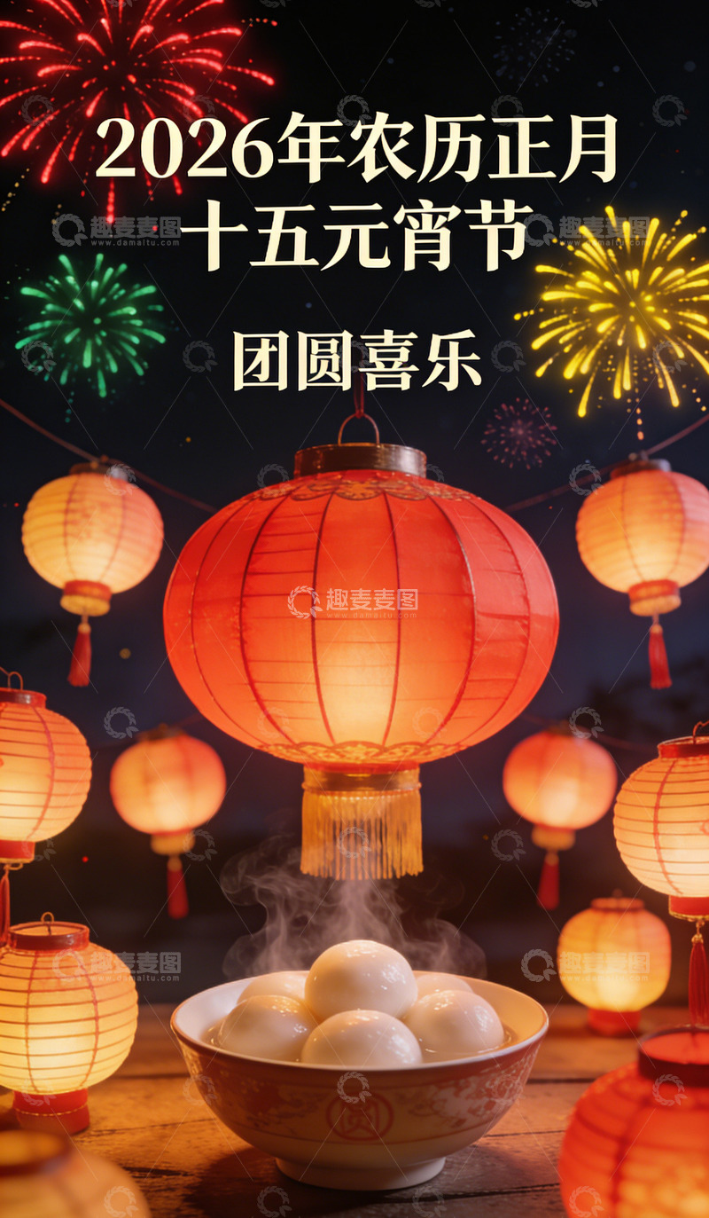 高清大图下载【趣麦麦图】元宵节红灯笼汤圆庆祝海报
