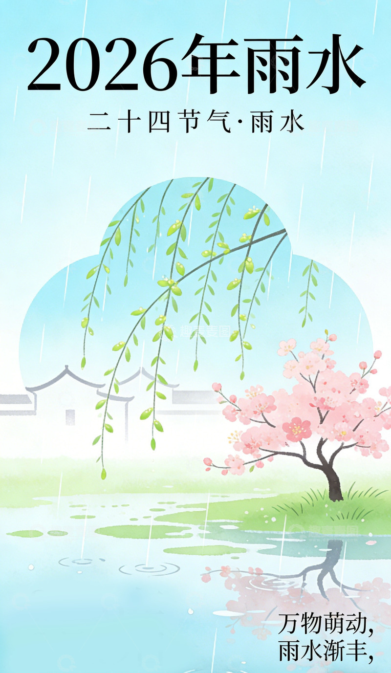 高清大图下载【趣麦麦图】水彩风雨水节气樱花柳树设计素材