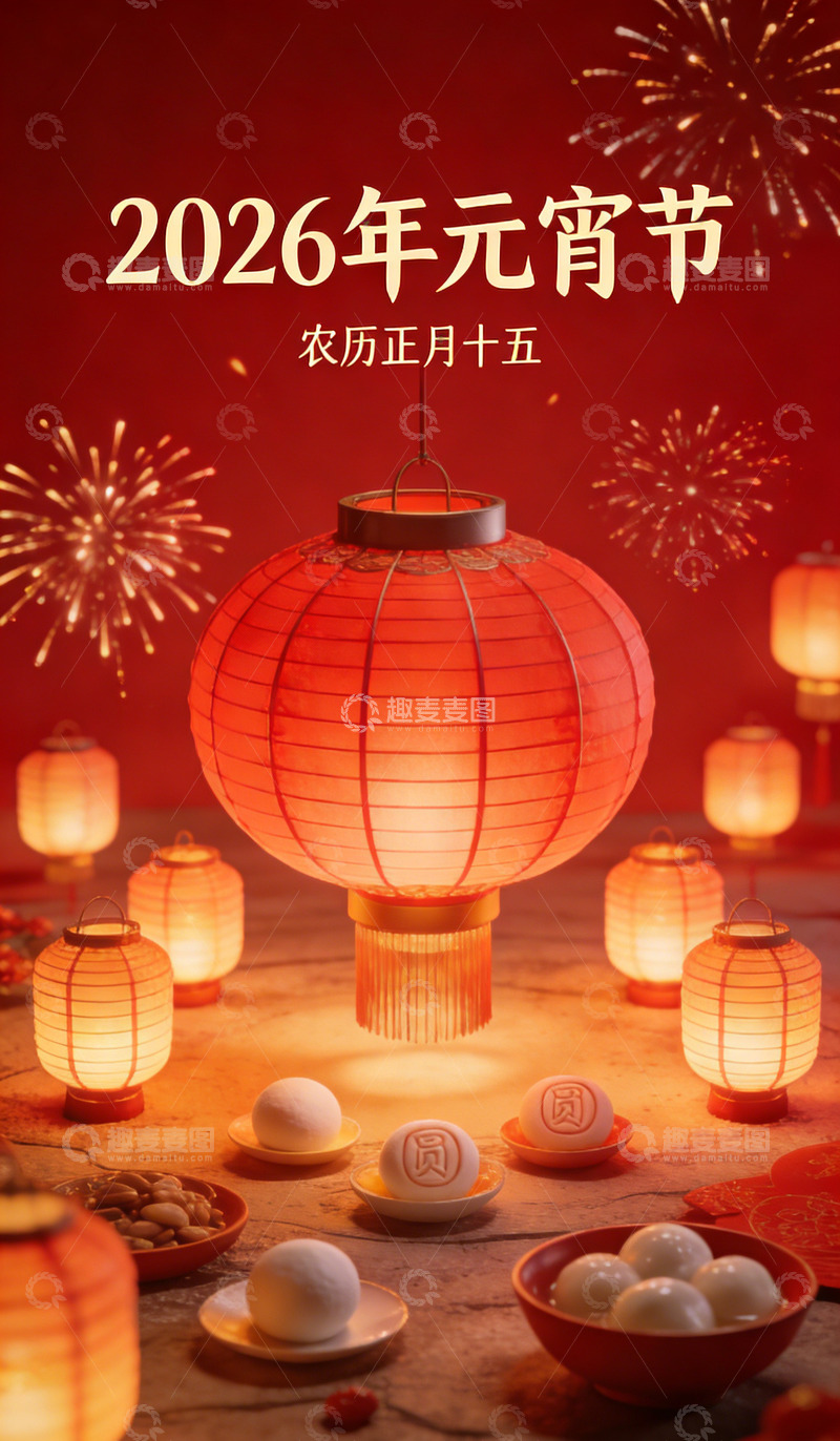 高清大图下载【趣麦麦图】红灯笼元宵节汤圆庆祝海报