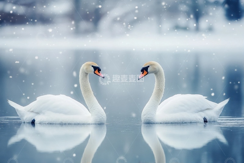 高清大图下载【趣麦麦图】湖面上游水的两只天鹅