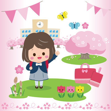 卡通女孩春日校园插画素材