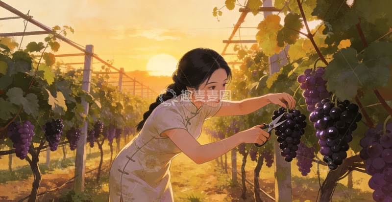 高清大图下载【趣麦麦图】女子摘葡萄插画设计素材