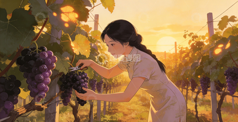 高清大图下载【趣麦麦图】田园风女子摘葡萄插画