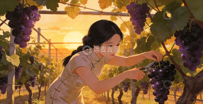 高清大图下载【趣麦麦图】夕阳下采葡萄女性插画