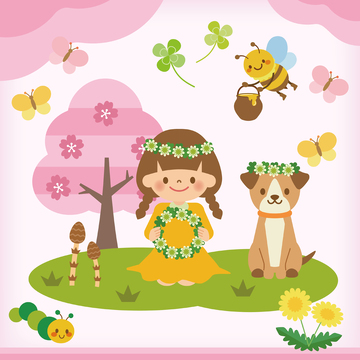 卡通春日花园小女孩插画设计素材