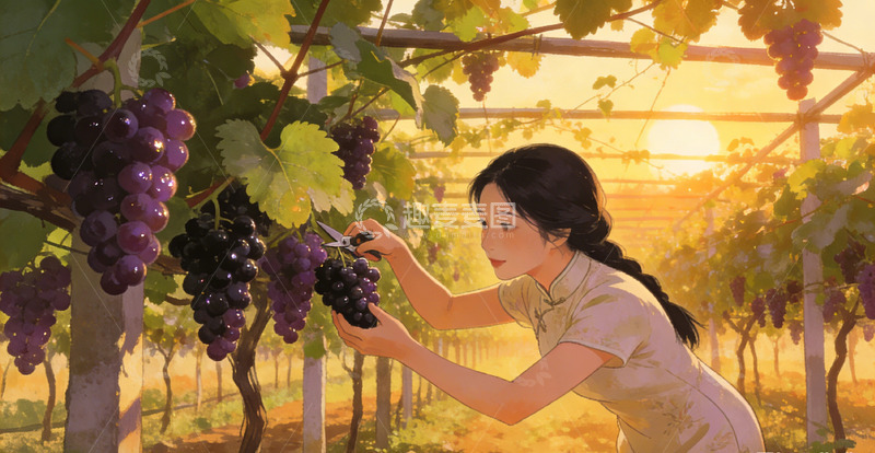 高清大图下载【趣麦麦图】葡萄园采果女子插画