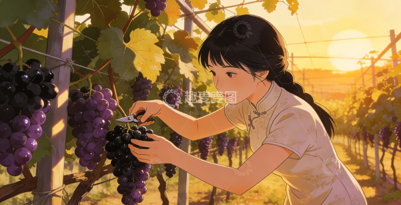 高清大图下载【趣麦麦图】田园风女子采摘葡萄插画素材