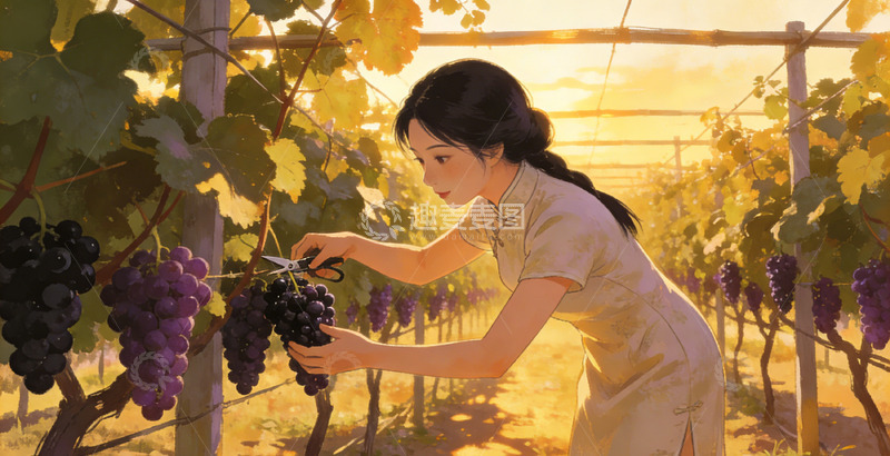 高清大图下载【趣麦麦图】田园风女子摘葡萄插画设计