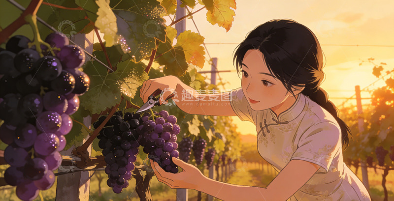 高清大图下载【趣麦麦图】女子摘葡萄插画设计