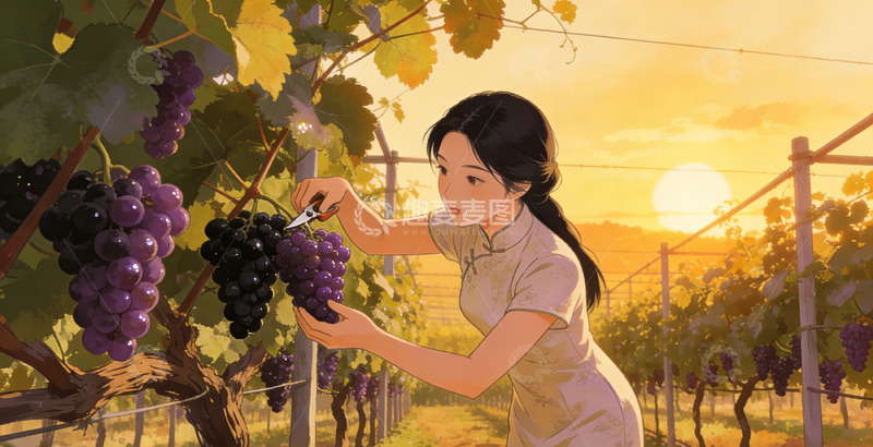 高清大图下载【趣麦麦图】田园风女子采摘葡萄插画