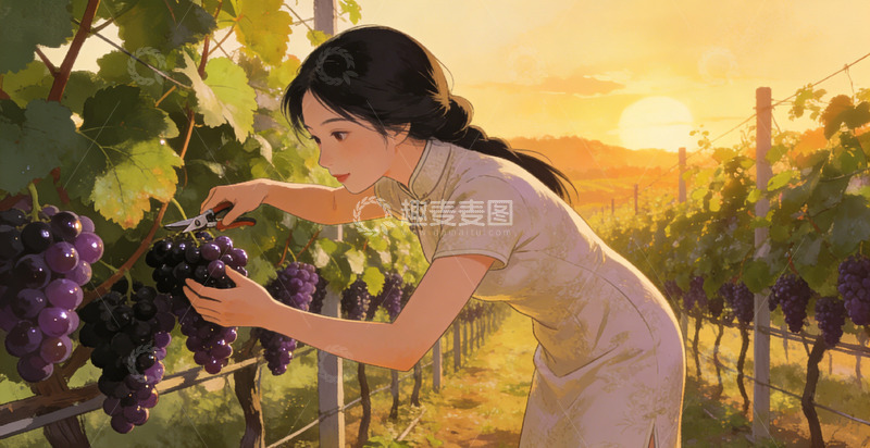 高清大图下载【趣麦麦图】田园风女子摘葡萄插画