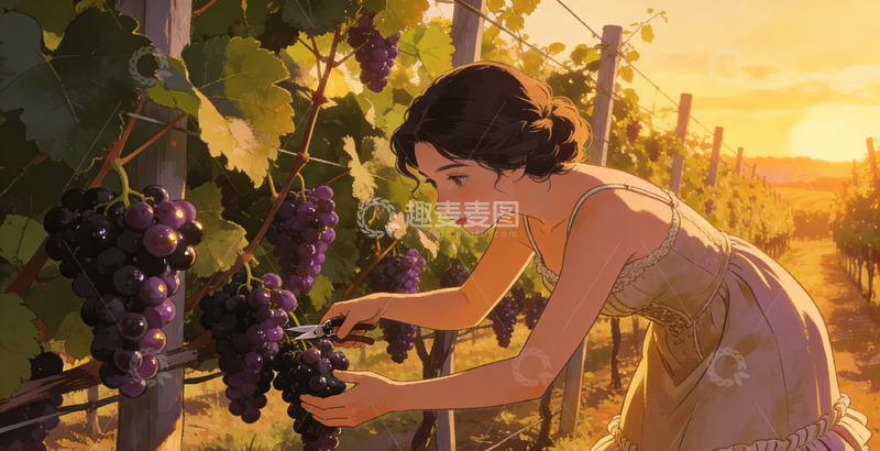 高清大图下载【趣麦麦图】田园风女子采摘葡萄插画素材
