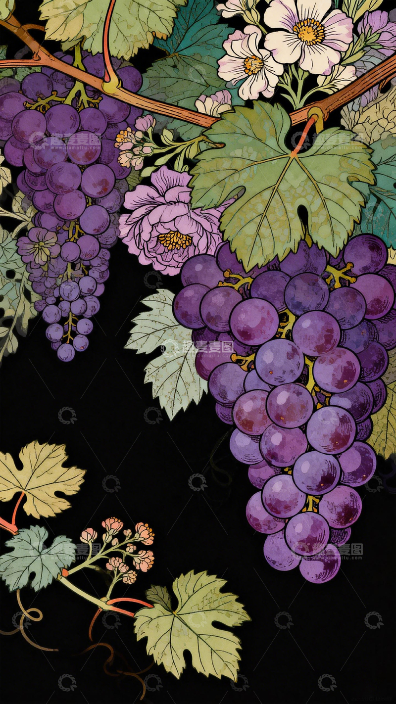 高清大图下载【趣麦麦图】葡萄插画艺术装饰图案