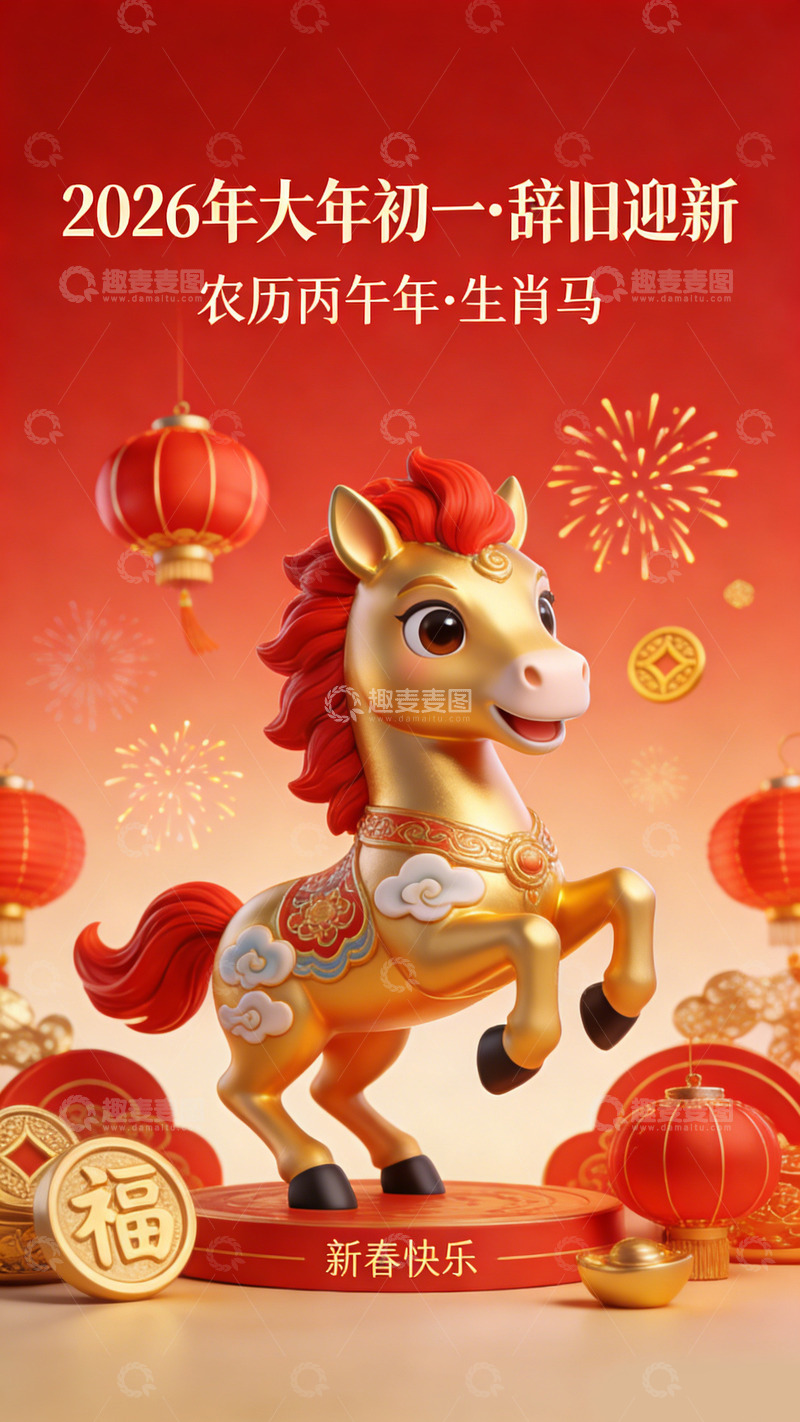 高清大图下载【趣麦麦图】金色马年新春祝福图片