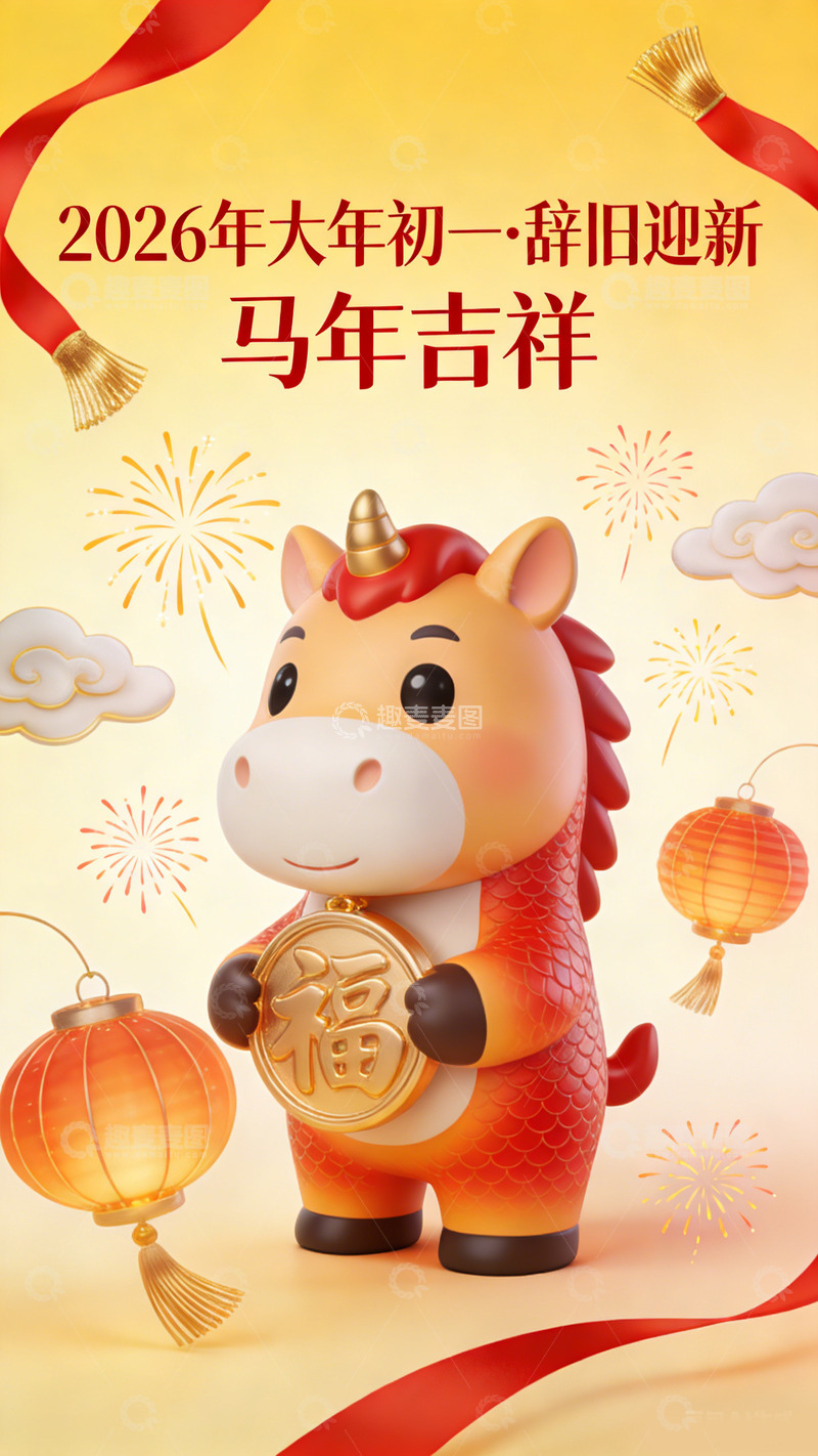 高清大图下载【趣麦麦图】马年新春卡通海报设计素材