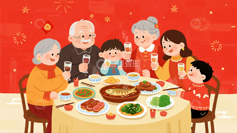 高清大图下载【趣麦麦图】卡通年夜饭场景1