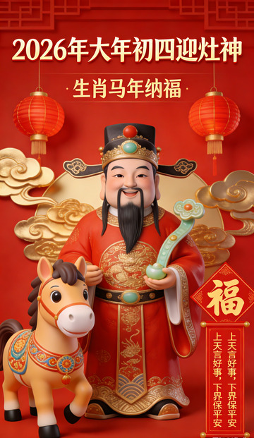2026年大年初四灶神迎福图