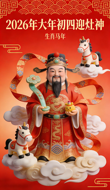喜庆中国风财神爷迎灶神图