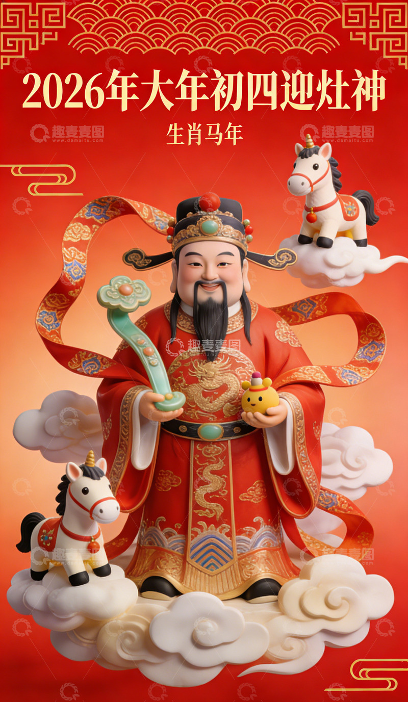 高清大图下载【趣麦麦图】喜庆中国风财神爷迎灶神图