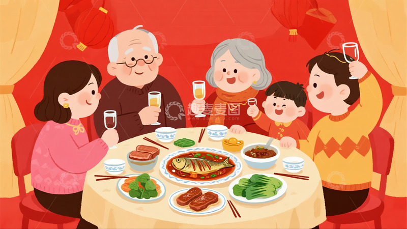 高清大图下载【趣麦麦图】卡通年夜饭场景6