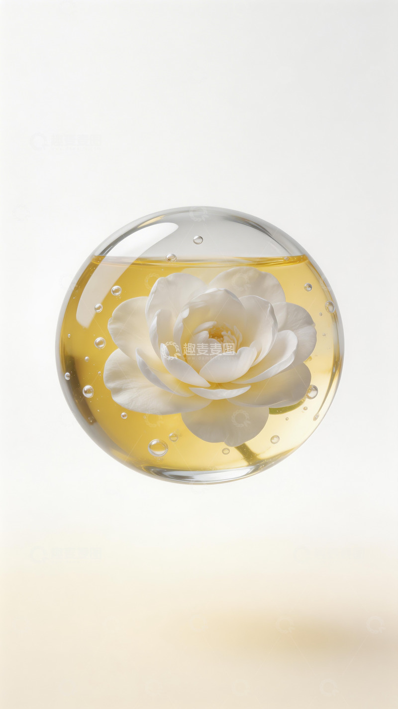 高清大图下载【趣麦麦图】透明水珠包裹着精华和山茶花1