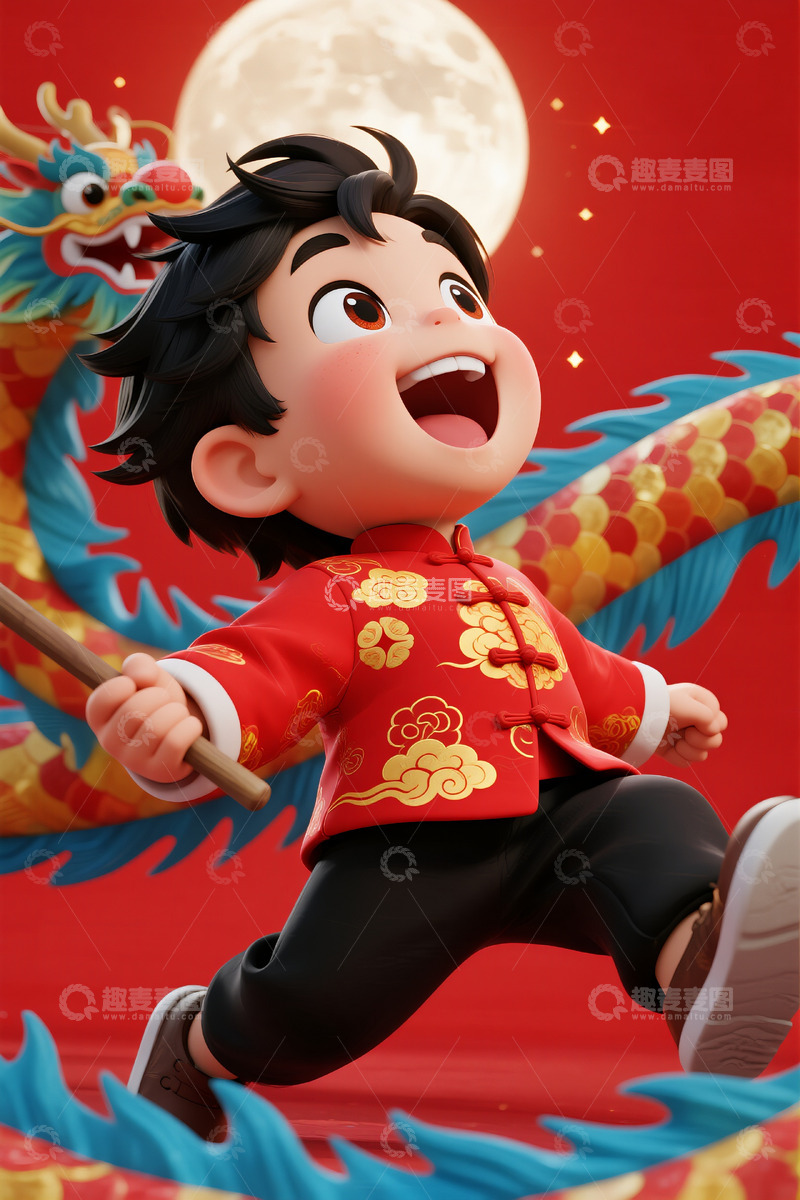 高清大图下载【趣麦麦图】卡通风格一个舞龙的小男孩3