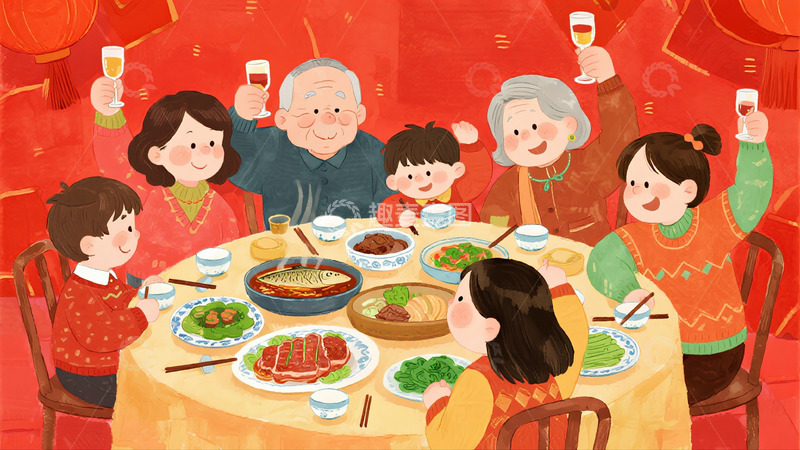 高清大图下载【趣麦麦图】卡通年夜饭场景4