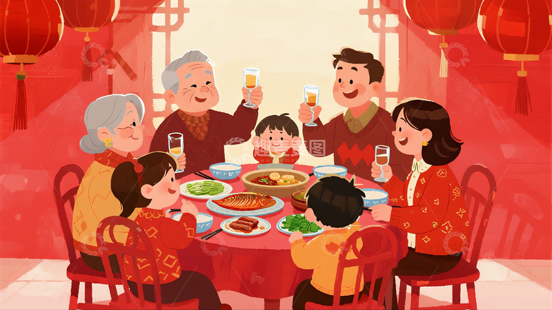 高清大图下载【趣麦麦图】卡通年夜饭场景8