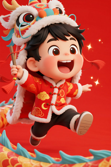 卡通风格一个舞龙的小男孩2